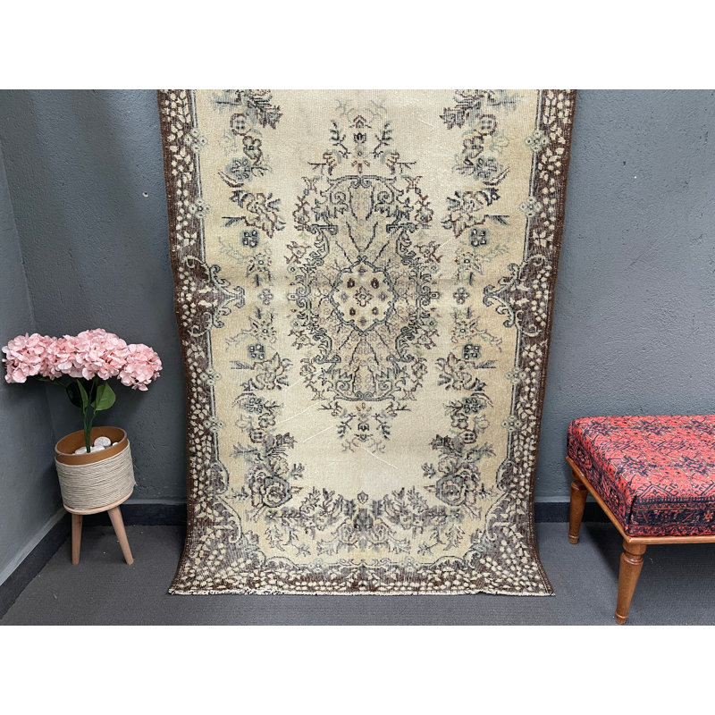 Élégant tapis en laine beige, tapis floral classique de 46,5 x 77,2 pouces, Rectangle 3 pi 11 po x 6 pi 5 po