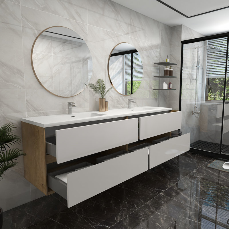 Ensemble de meuble-lavabo mural 84 po, Blanc brillant