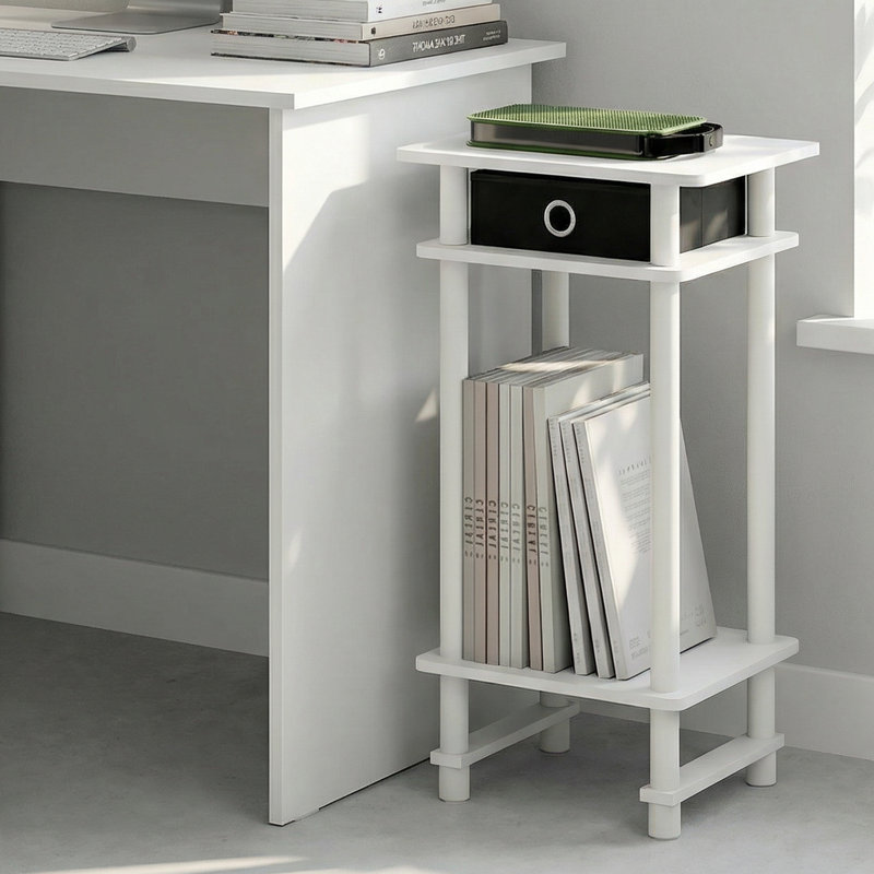 Taten Side Table, 3-Tier Tall Narrow Modern End Table with Storage Bin, Open Shelf Night Stand, Bedside Table, Toolless Assembly, for Living Room, Bedroom, White