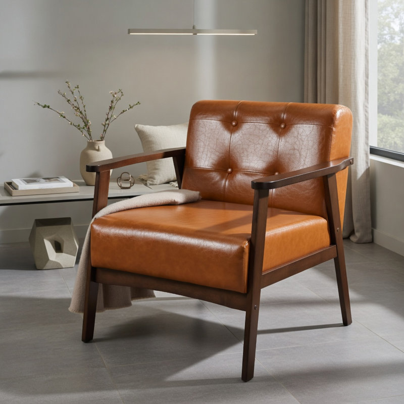 Chaise d'appoint à structure en bois d'hévéa avec accoudoirs pour le salon, Noyer