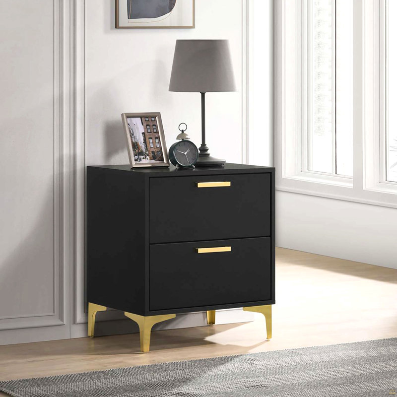 Black And Gold 2-Drawer Rectangular Nightstand, Black