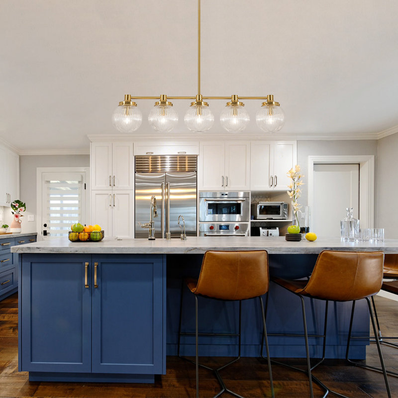 Modern 5-Light Ribbed Glass Kitchen Island Linear Pendant
