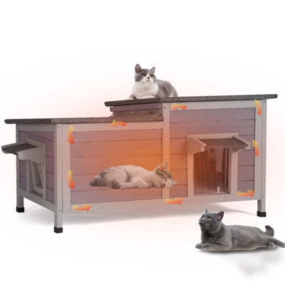 Cat House Outdoor Feral Cat Shelter Weatherproof Cat Condo for Winter Double Rooms Kitty Cage