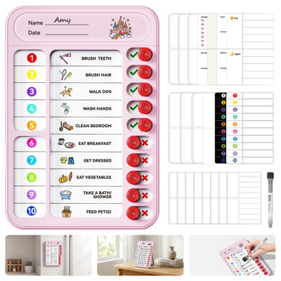 Tableau de corvée magnétique pour enfants Owlprince, planificateur effaçable à sec pour réfrigérateurs, planificateur de nettoyage du TDAH, liste de contrôle à faire pour le bureau personnel, rose