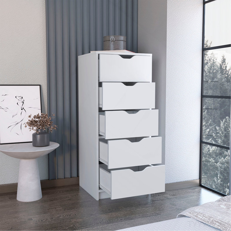 Dresser 42"H, 5 Drawers , Slim Storage Chest Of Drawers, White, White