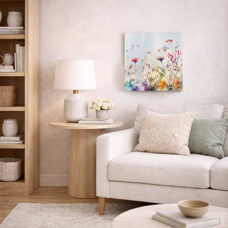 Sunlit Meadow Whispers - aquarelle florale sur toile, H 20 po x l 20 po