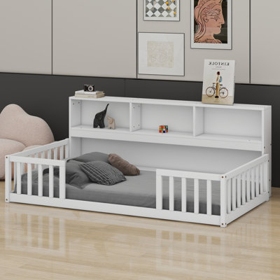 Floor Bed With Bedside Bookcase,Shelves,Guardrails