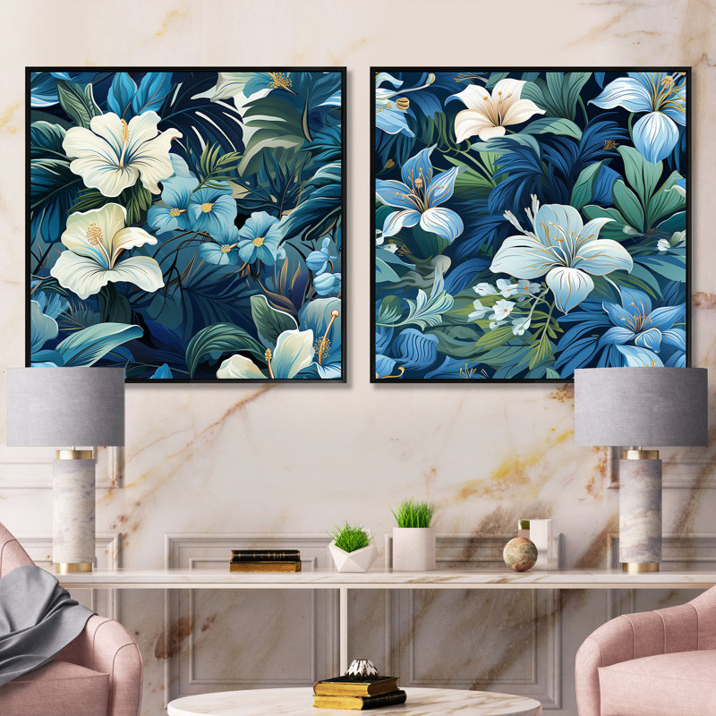 Orwin - Ensemble de 2 collages carrés floraux, Cadre flottant noir, H 16 po x l 33 po