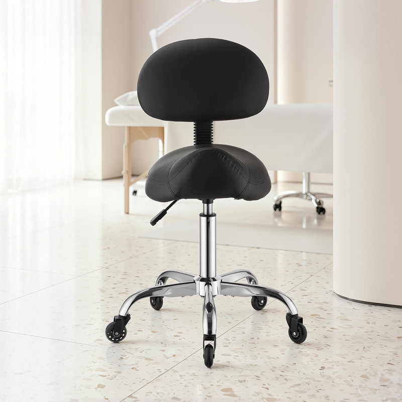 Tabouret de selle avec support pour le dos, capacité de poids de 500 lb, hauteur réglable, roulettes silencieuses, siège en cuir PU ergonomique, chaise roulante pivotante à 360 ° pour tabouret de salon, spa, bar, médical, noir