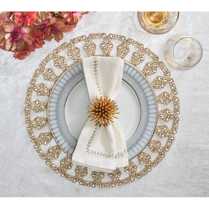 Herringbone Linen Napkin, White/Gold/Silver