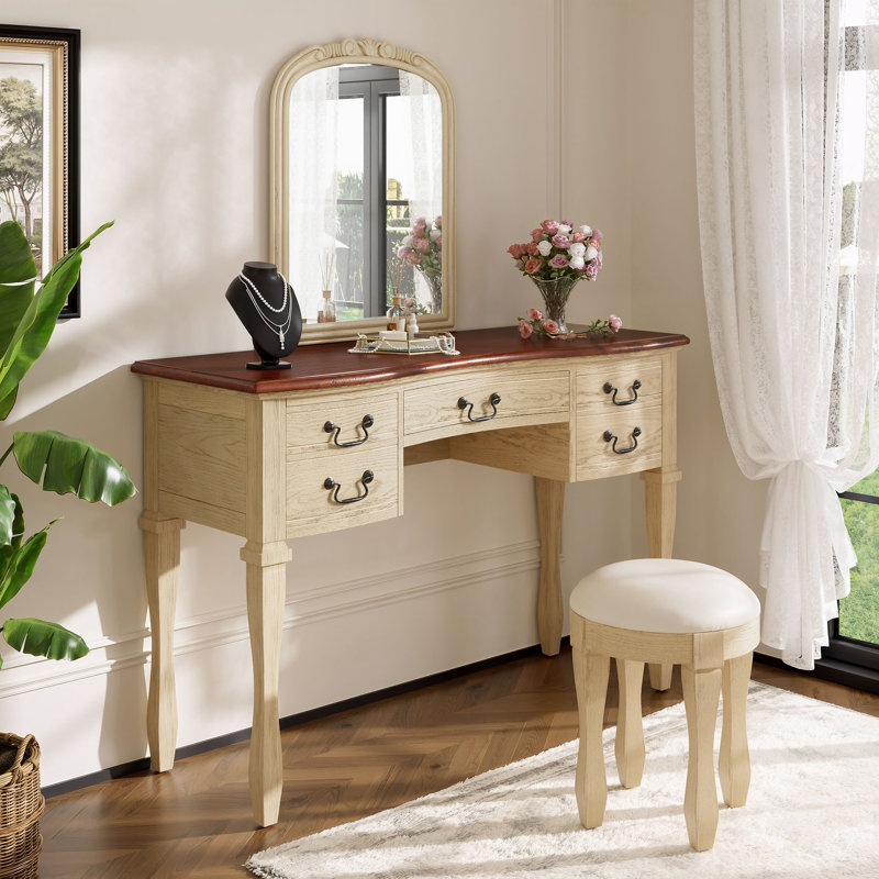Coiffeuse de maquillage rétro avec miroir, coiffeuse élégante avec tiroirs et tabouret