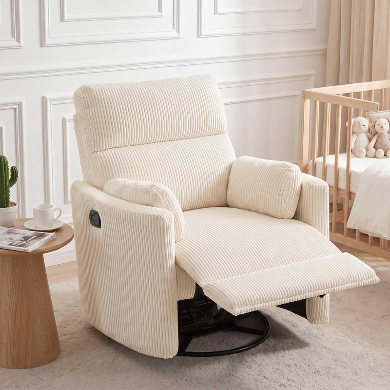 Fauteuil à bascule pivotant à dossier haut 360 avec 2 coussins Beige Nursery Chairs, Velours côtelé beige