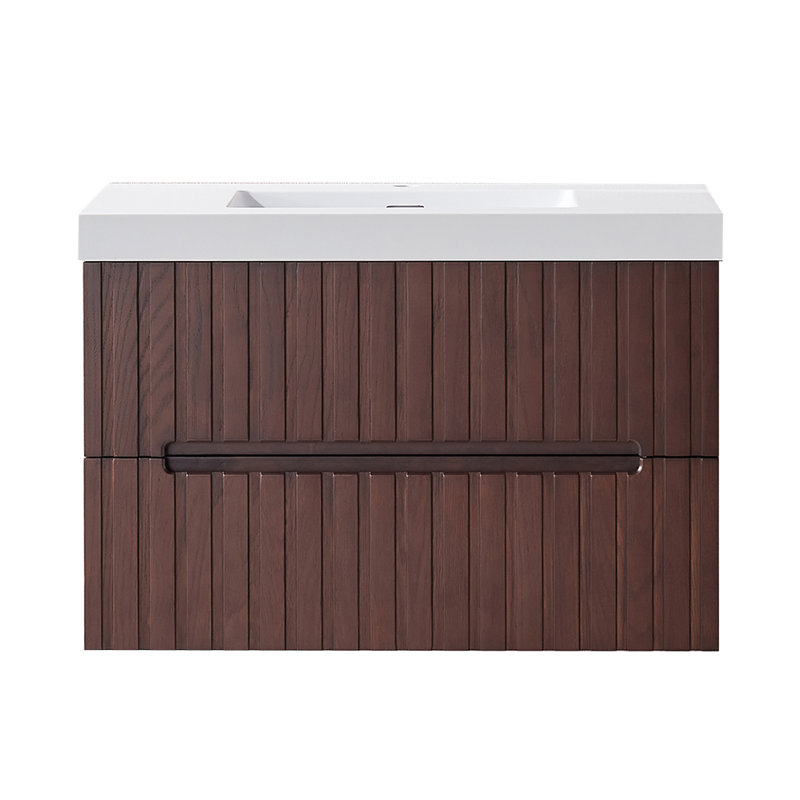 Meuble-lavabo suspendu de 76 cm (30 po) avec lavabo intégré en acrylique, 2 tiroirs et fini noyer foncé, 30"