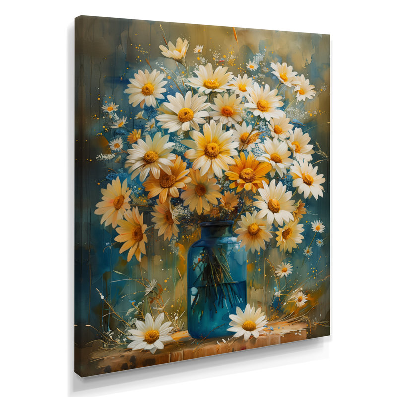 Bleu et blanc, nature morte, fleurs dans un vase II - marguerites, art mural, Toile tendue, H 44 po x l 34 po x P 1,5 po