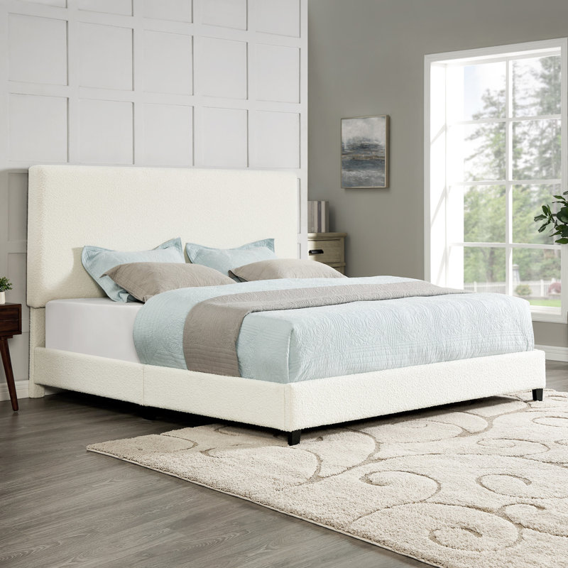 Lit plateforme King avec tête de lit rembourrée, revêtement en tissu bouclé blanc - Montage facile