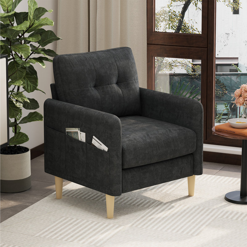 Fauteuil capitonné moderne en chenille avec poches de rangement l 31 po George, Gris foncé