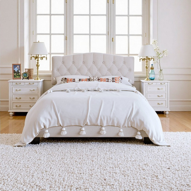 Luxury Beige Upholstered Queen Bed with Adjustable Saddle Headboard & Diamond Tufted Design - No Box Spring Required, Queen