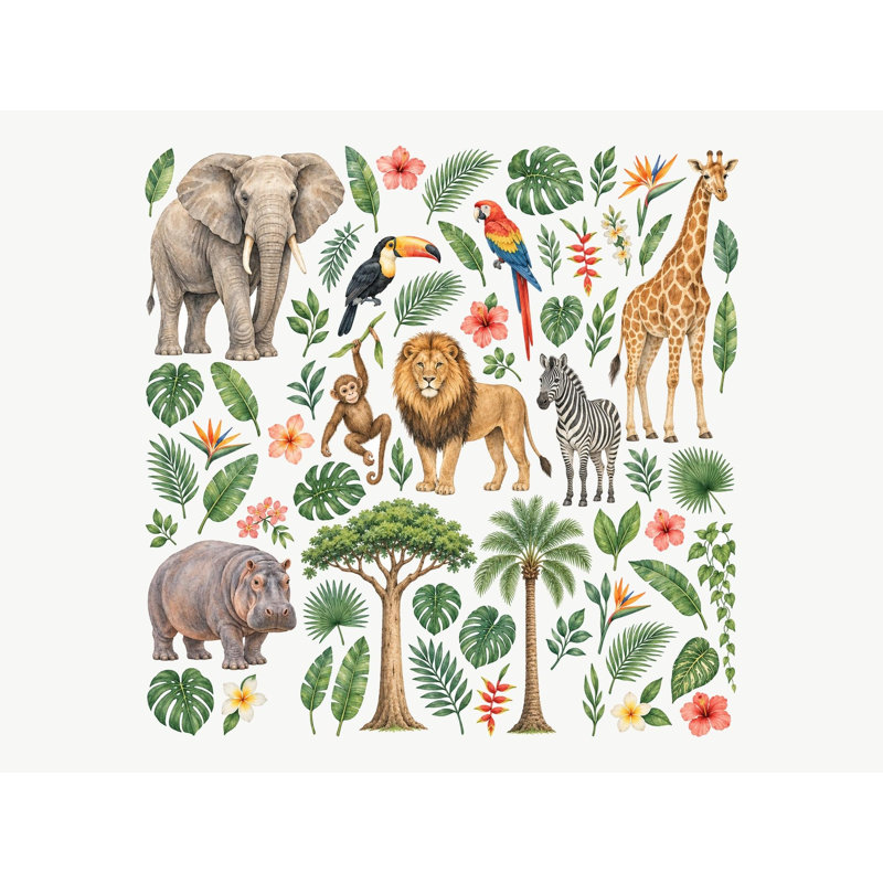 Large Jungle Animal Wall Decals, Set of 64 Peel and Stick Nursery Wall Stickers, Satin Finish Removable Kids Room Wall Art, 20"W x 20"H (50 x 50 cm)