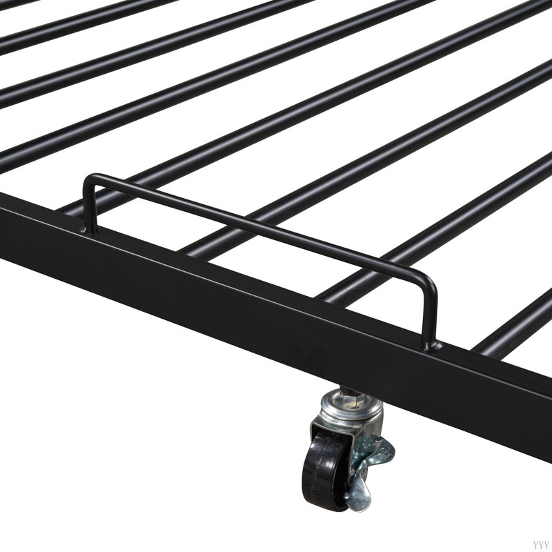 Base de lit plateforme en métal avec lit gigogne simple, tête de lit tapissier, prises, ports USB et support à lattes, aucun sommier nécessaire