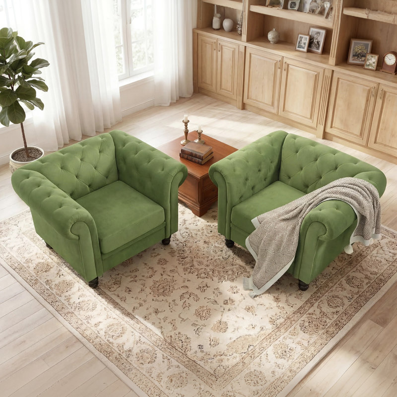 Fynlie Tufted Velvet Chesterfield Accent Chairs Mid Century Modern Armchair Set of 2, Green Velvet