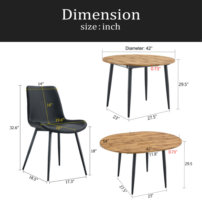 Ensemble de table et de chaises. Table de salle à manger extensible moderne. Convient pour des rassemblements de différentes tailles. Combiné avec 4 chaises en polyuréthane artificiel noir avec un design de coussin incurvé.