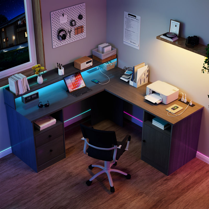 L-Shaped Computer Desk with Led Lights & Power Outlets, Gray