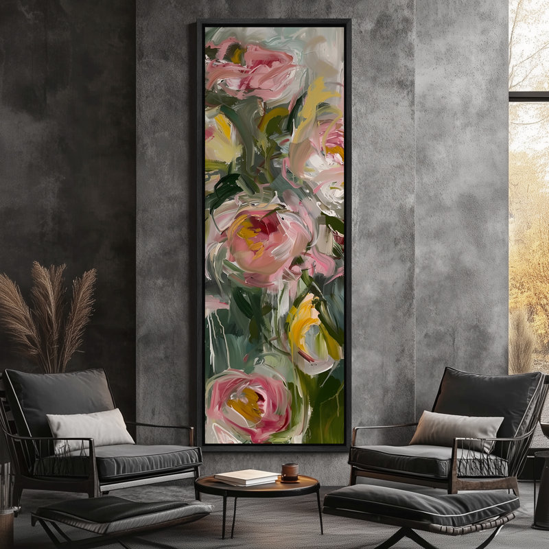 Doux bouquet floral abstrait rose - grande impression sur toile encadrée de la chambre principale, Noir