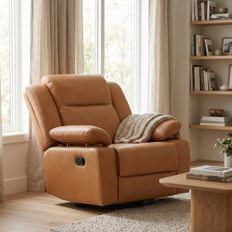 34”W Upholstered Swivel Reclining Rocking Chair, Brown