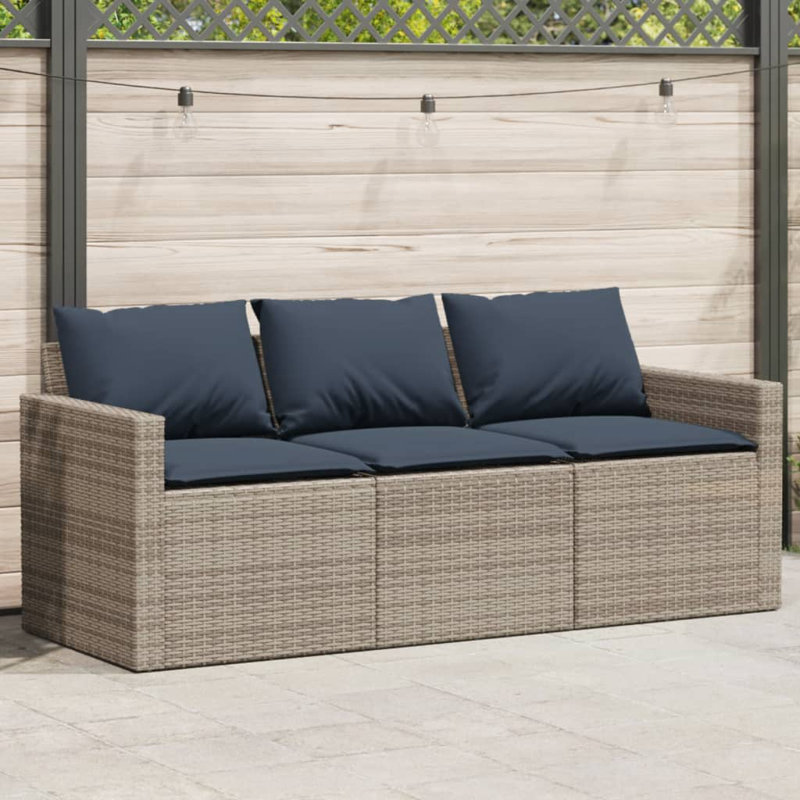 Ebern Designs Patio Sofa With Cushions 3-Seater Poly Rattan, Gray, Navy Blue