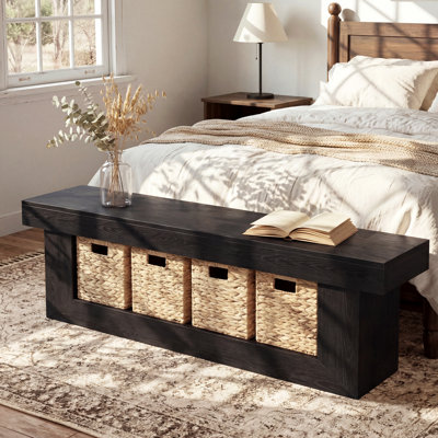 Banc de rangement 63 po en bout de lit, banc de rangement rustique en bois avec 4 paniers