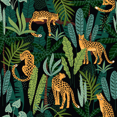 Leopards And Tropical Leaves by Nadezda_Grapes - Wrapped Canvas Print