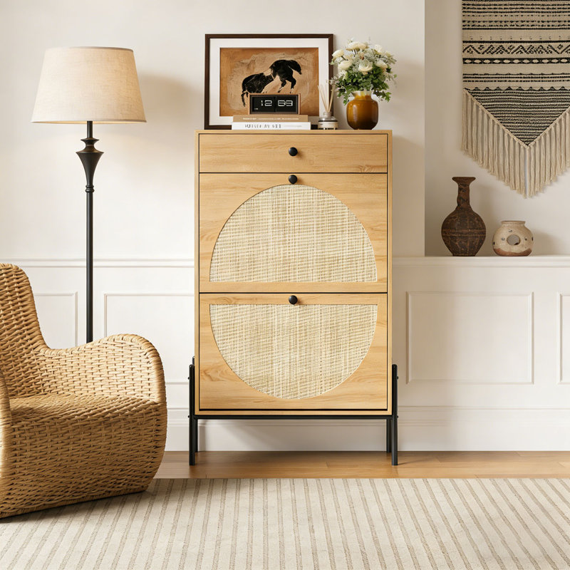 2-Door Shoe Storage Cabinet with Rattan Fronts & Drawer