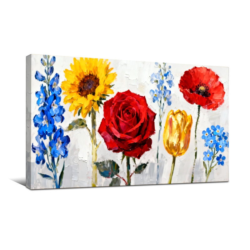 Plantes et fleurs, fleurs colorées sur toile, H 24 po x l 48 po