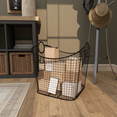 Joss & Main Black Metal Deep Decorative and Functional Storage Basket with Curved Sides and Ring Handles, 20" x 18" x 20