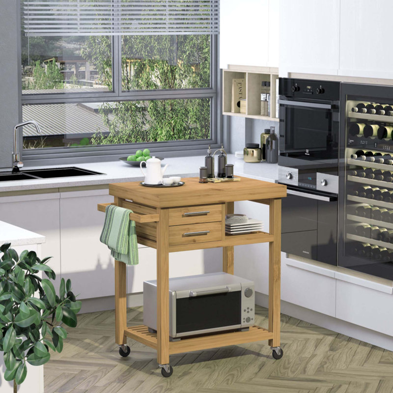 Îlot de cuisine en bambou sur roulettes, chariot utilitaire avec 2 tiroirs de rangement et tablettes ouvertes
