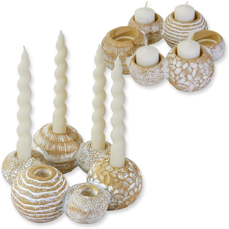  6 décorations de table pour bougeoir en forme de boule dorée, 2 bougies chauffe-plat 2-en-1 d'un côté / bougeoirs effilés de l'autre côté, décoration de table de salon rustique