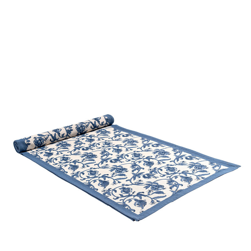 Granada Cornflower Blue Handmade Floral Table Runnner, 90" L x 16" W, Blue