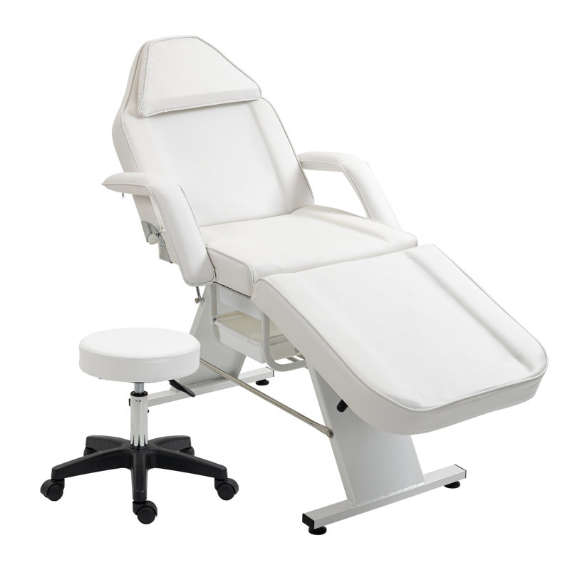 Table de massage hydraulique blanche à 3 sections avec appui-tête réglable, repose-pieds et accoudoirs amovibles pour salons de beauté, spas et studios de tatouage