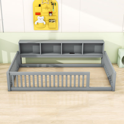 Wood Twin XL Floor Bed with Built-In Storage Shelves and USB Charging Ports by Lark Manor