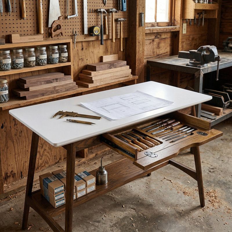 Bureau 48 po Mid-Century avec tablette de rangement inférieure - base en bois de pacanier, plateau blanc, l 48 po x P 24 po