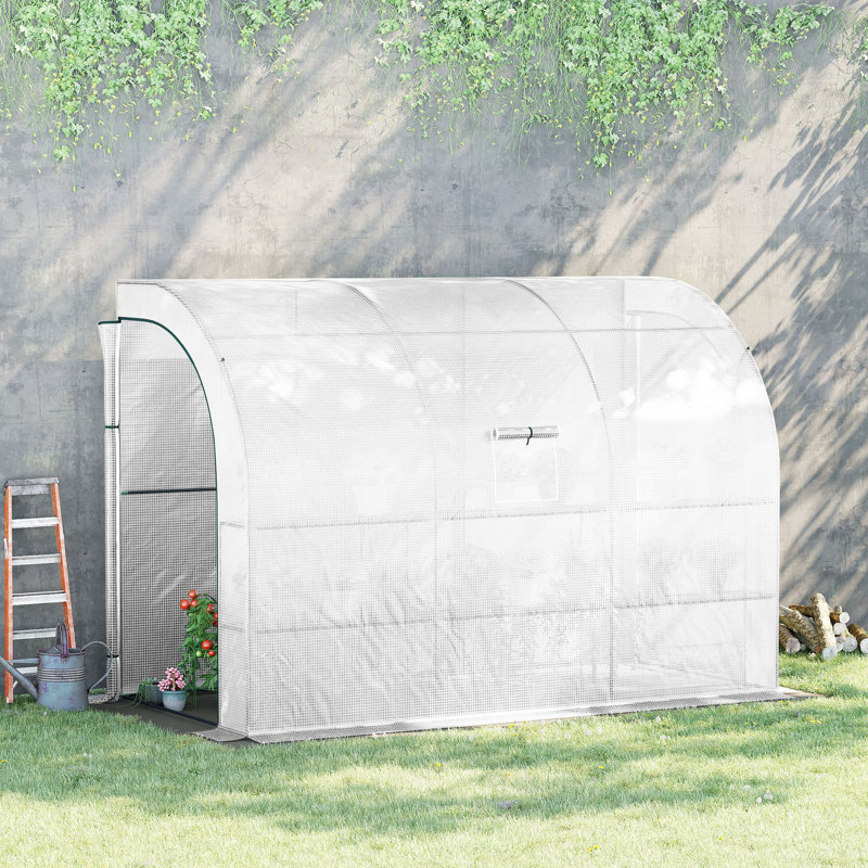 Dacula Lean to Greenhouse, Walk-In Green House, Plant Nursery with 2 Roll-up Doors and Windows, PE Cover and 3 Wire Shelves