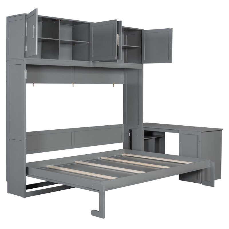 Grand lit escamotable mural avec bureau, tablettes et armoires de rangement, conception peu encombrante, gris, Gris