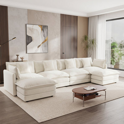 Modular U-Shaped Sectional Sofa with 2 Movable Ottomans and Deep Seating, Cream White