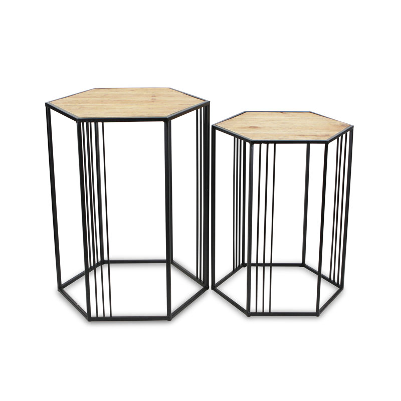 Set Of Two 24" Black And Brown Solid Wood And Steel Hexagon Nested Tables