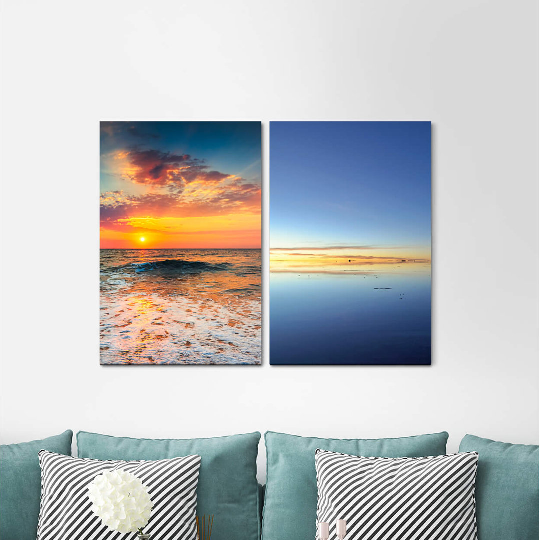 2-tlg. Leinwandbilder-Set - Fotografie „Horizon Sea Sunset Evening Glow Far Away Waves”