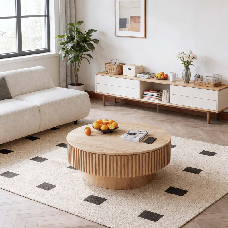 Table basse ronde avec rangement, Bois naturel, 39,37 po L x 39,37 po l x 13,78 po H
