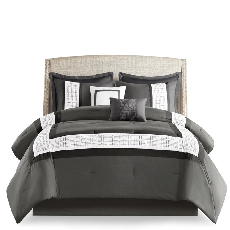 Édredon pour chambre 8 pièces gris foncé foncé - Broderie décorative transitionnelle paisible