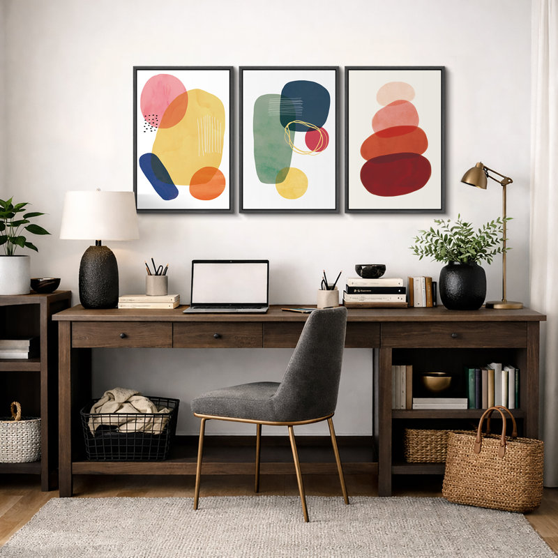 Abstrait aux couleurs vives, "Boho Bold Bright Circle Art", images murales géométriques colorées et modernes, impression sur toile encadrée, 3 pièces, art mural "16" x 24 "x 3 pièces, 24" x 36 "x 3 pièces