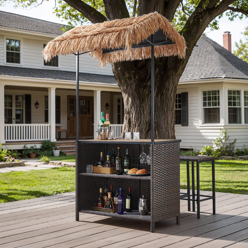 Juiciaca 3-Piece Wicker Patio Bar Set With 2 Stools And Raffia Canopy, Patio Dining Set For Backyard, Poolside, Balcony