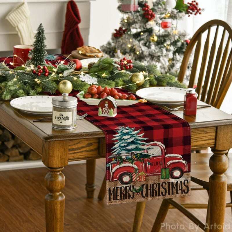 Chemin de table Buffalo Plaid Merry Christmas, 72 po x 13 po, Noir / Rouge